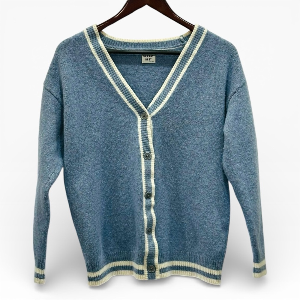 Sunday Best Blue Varsity Trim V-Neck Button Cardigan Size S